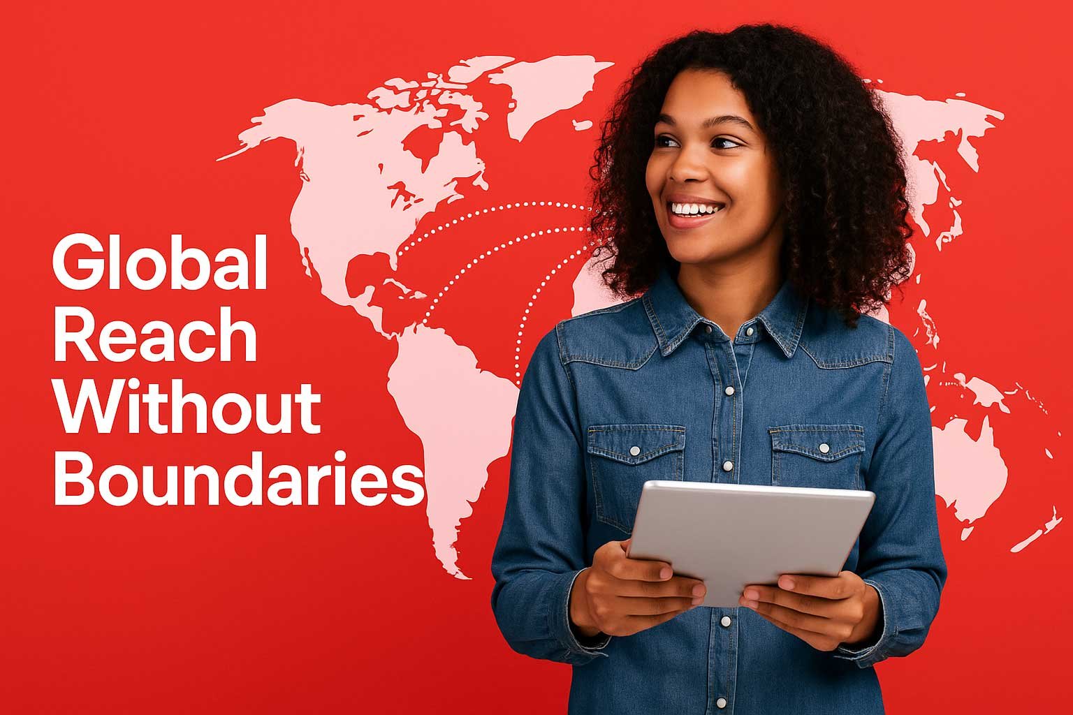 Global Reach Without Boundaries” text on a bold red background — representing international ebook sales.