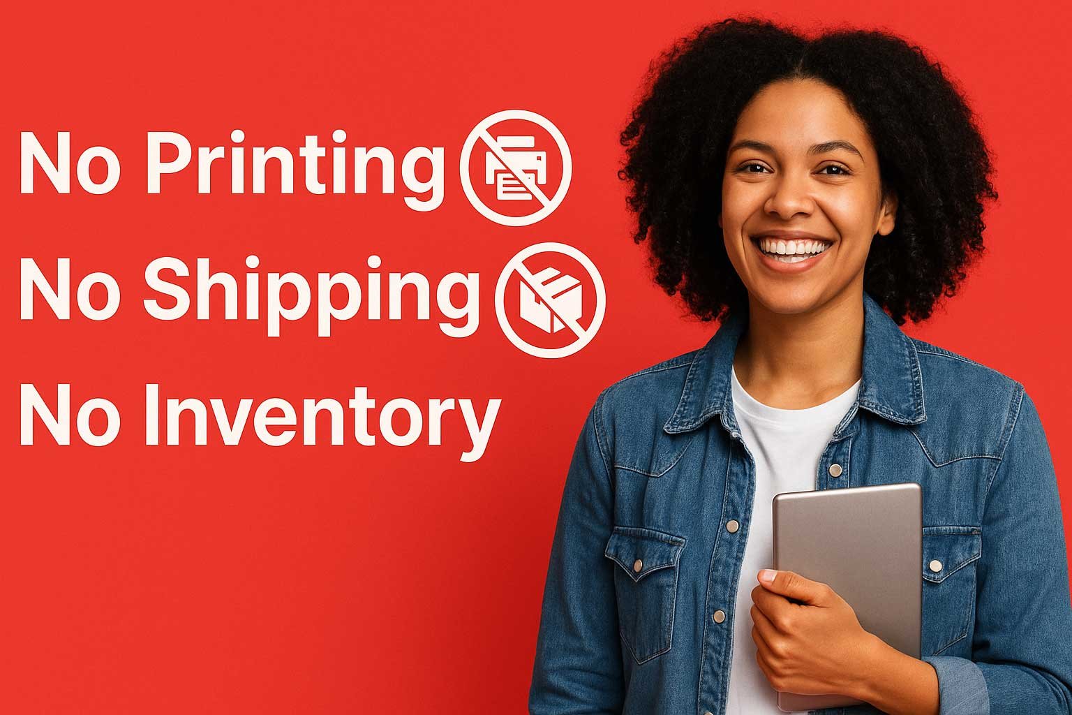 No Printing, No Shipping, No Inventory” and matching icons — highlighting digital storefront advantages.