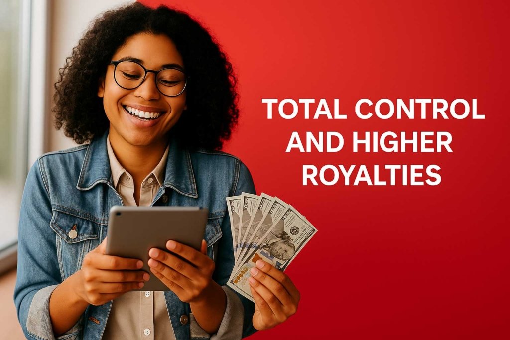 Total Control and Higher Royalties” — representing independent ebook publishing and earnings.
